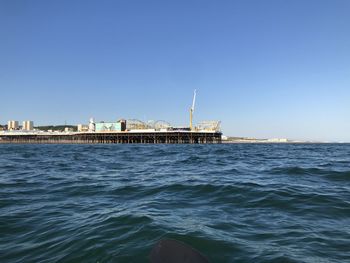 Scenic view of sea against clear blue sky