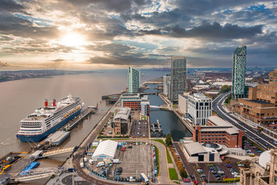 Beautiful panorama of liverpool waterfront in the sunset.