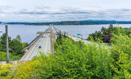 A view of the interstate 90 floating bridges in seattle, washington.