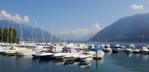 Sailboats moored in lake against sky