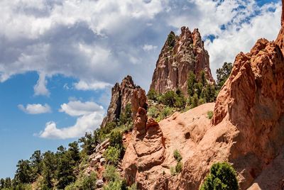 Low angle view of rock formations against cloudy sky