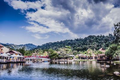 Scenic view of lake against cloudy sky