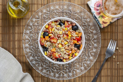 High angle view of food in plate on table