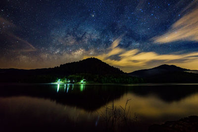 Scenic view of lake against sky at night