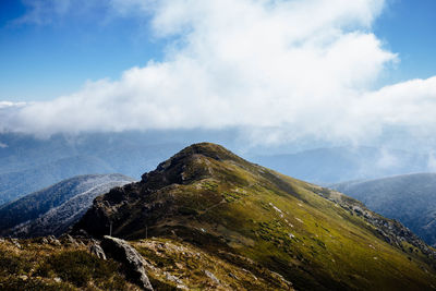 Scenic view of mountain against cloudy sky