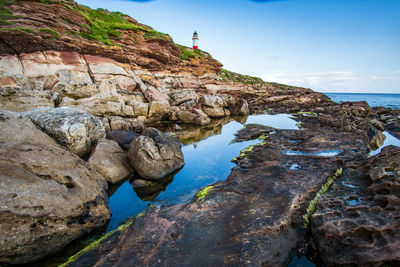 Rock formation on beach against sky