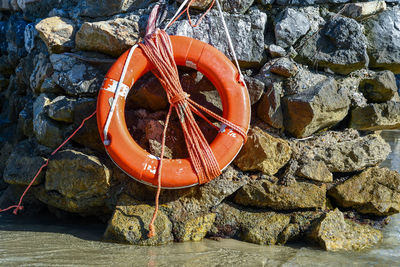 High angle view of ropes on rock