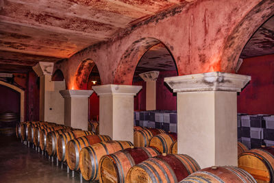 Wine barrels in warehouse