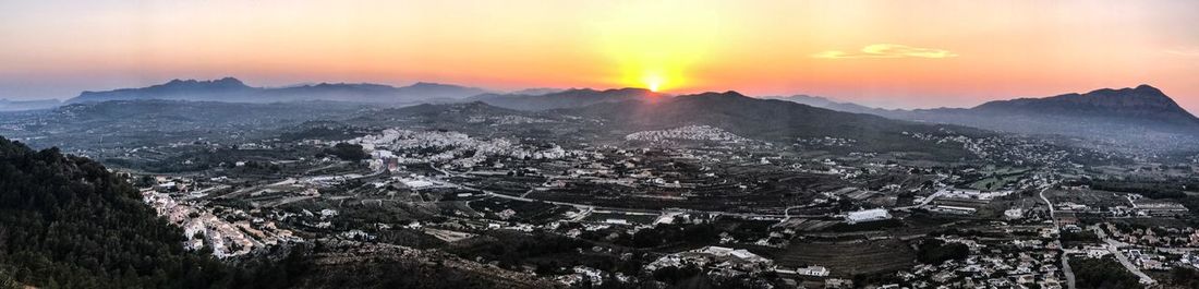 High angle view of cityscape during sunset
