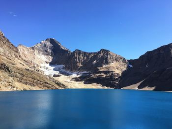 Scenic view of mountains against clear blue sky