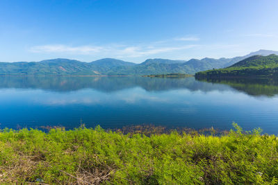 Scenic view of lake by mountains against sky