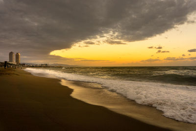 Scenic view of beach against sky during sunset