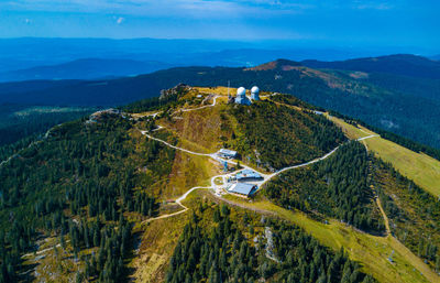 High angle view of trees on landscape against sky