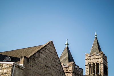 Low angle view of buildings against clear blue sky