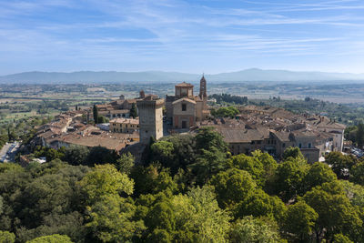 Close-up frontal aerial view of the town of lucignano tuscany