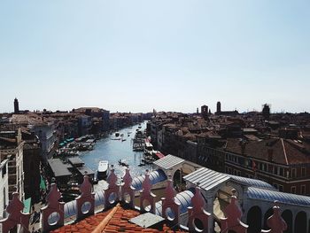 High angle view of cityscape against clear sky