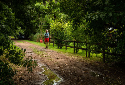 Rear view of man riding bicycle on plants