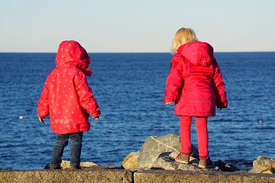 Rear view of girls standing on retaining wall against clear sky