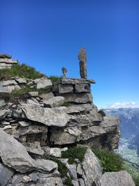 Low angle view of rock formation against clear blue sky