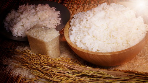 High angle view of bread in bowl on table