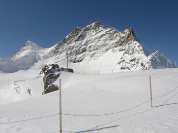 Scenic view of snowcapped mountains against clear sky