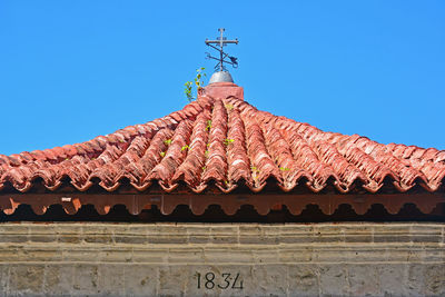 Low angle view of temple roof against clear sky