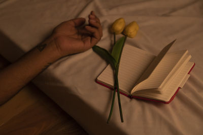 High angle view of hand holding book on table