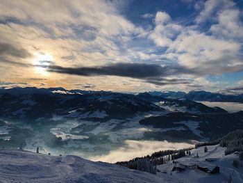 Scenic view of snowcapped mountains against sky during sunset