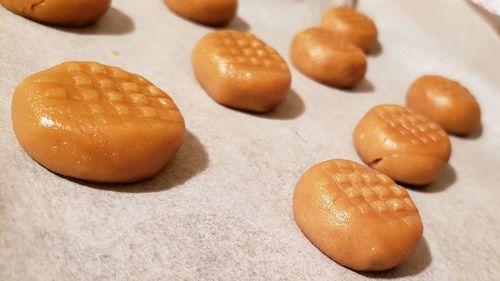 High angle view of eggs on table