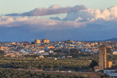 High angle view of cityscape against sky