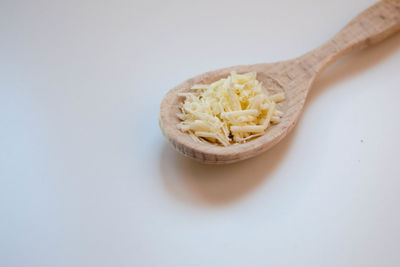 High angle view of bread in bowl against white background