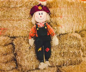 Man with umbrella on hay bales in field