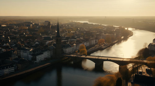 Maastricht city bridge with river maas viewed from above. drone view of maastricht