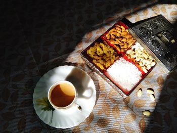 High angle view of breakfast served on table