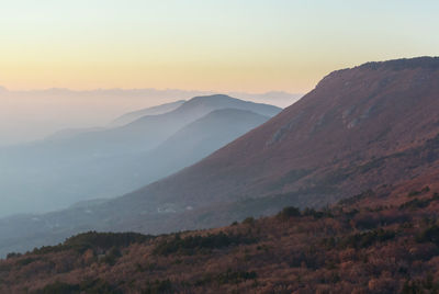 Scenic view of mountains against sky during sunset