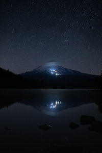 Scenic view of lake and mountains against sky at night