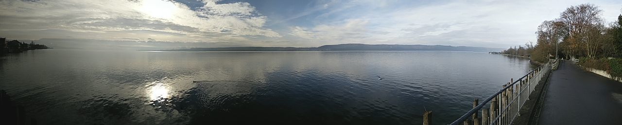 Scenic view of lake against cloudy sky