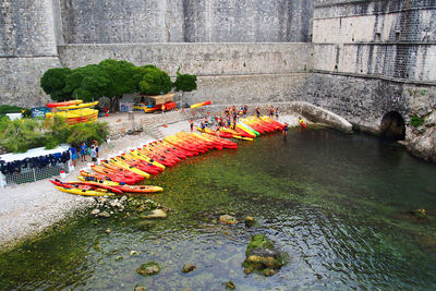 High angle view of people by river