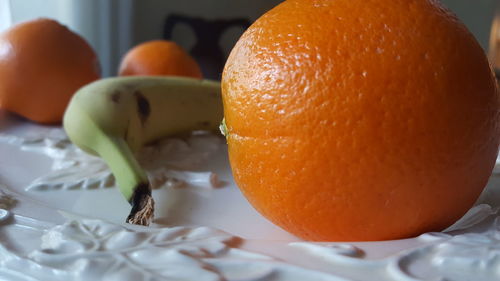 Close-up of orange slice in plate