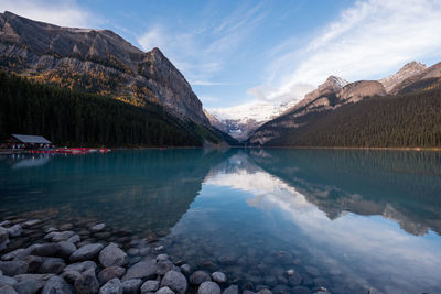 Scenic view of lake by mountains against sky