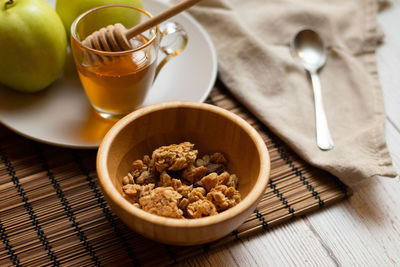 High angle view of breakfast served on table