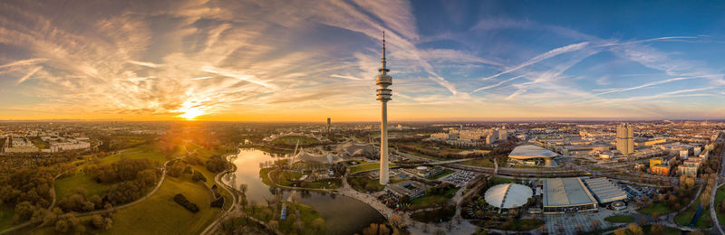 High angle view of city buildings during sunset