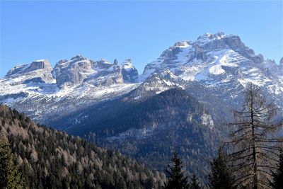 Scenic view of snow covered mountains against clear sky