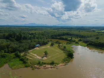 High angle view of trees on landscape against sky