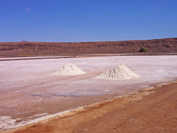 Scenic view of desert against clear blue sky