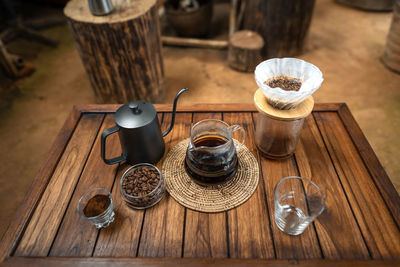 High angle view of coffee cup on table