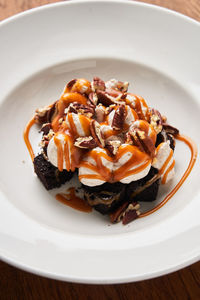 High angle view of dessert in plate on table