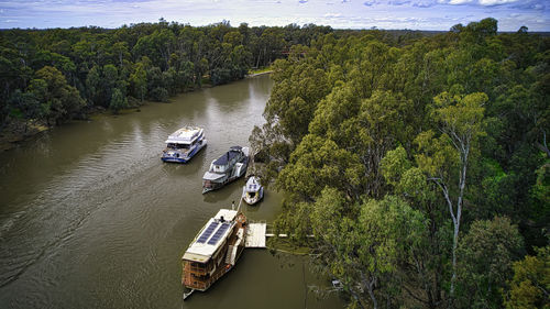 High angle view of boats in river