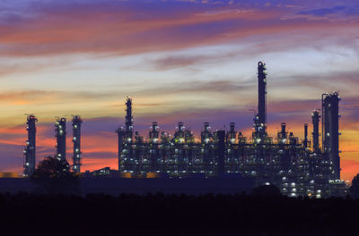 Illuminated factory against sky during sunset