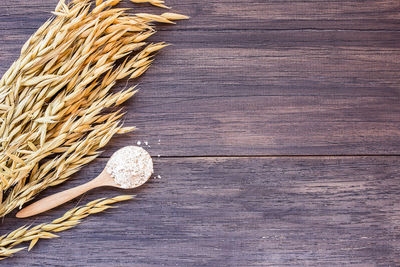 High angle view of wheat on table